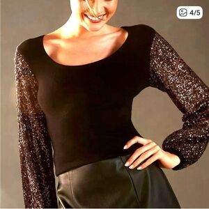 NWT Anthropologie BL^NK London gorgeous Black Top with Sequin Sleeves